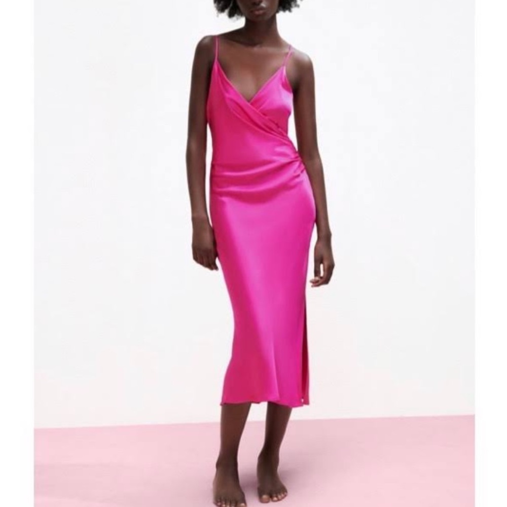 -NWT- Zara draped lingerie style satin midi dress - pink